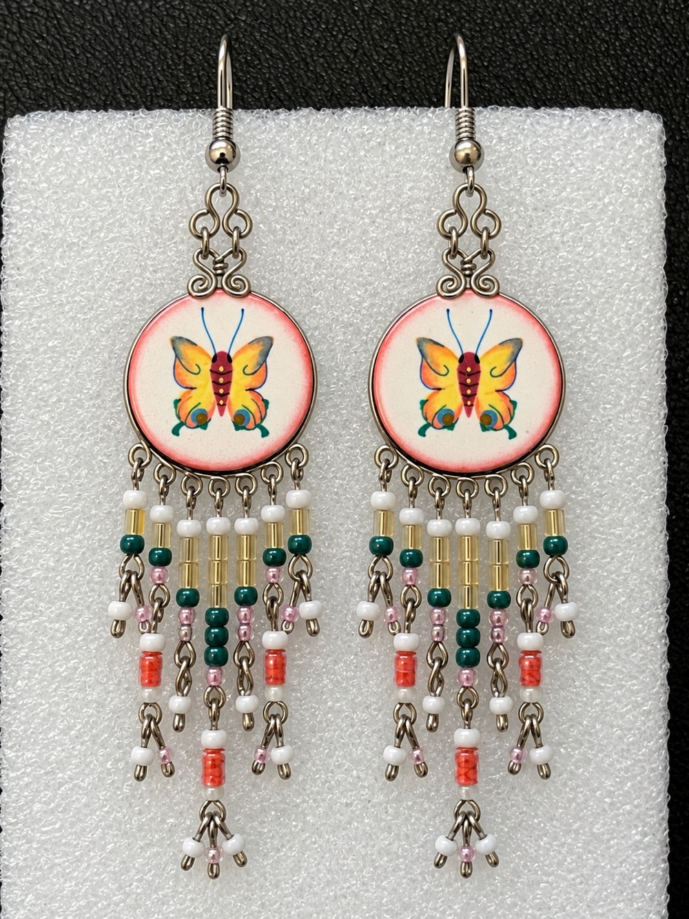 Butterfly Beaded Dangle Earrings in Yellow & Coral - Women Jewelry